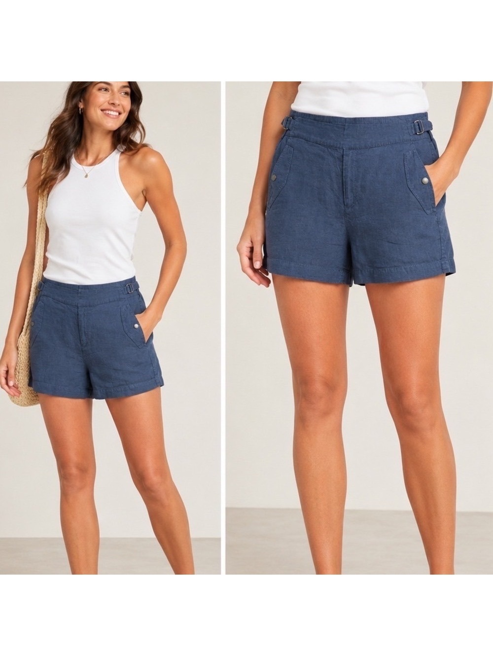 Athleta Cabo Linen Shorts Sz 18 Navy Blue 586829-02 Elastic Side Buckle